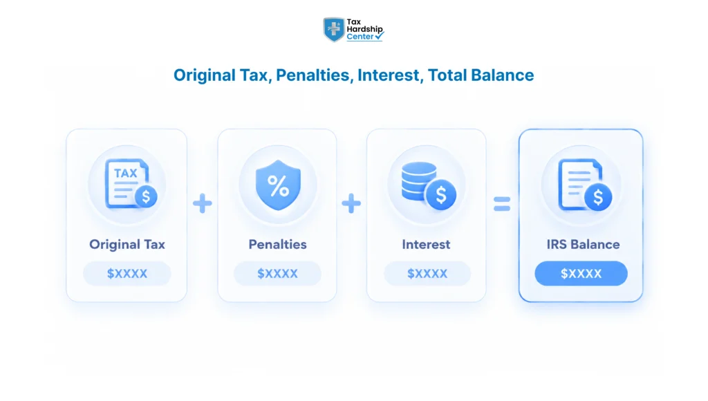Infographic showing original tax, penalties, and interest adding up to the total IRS balance