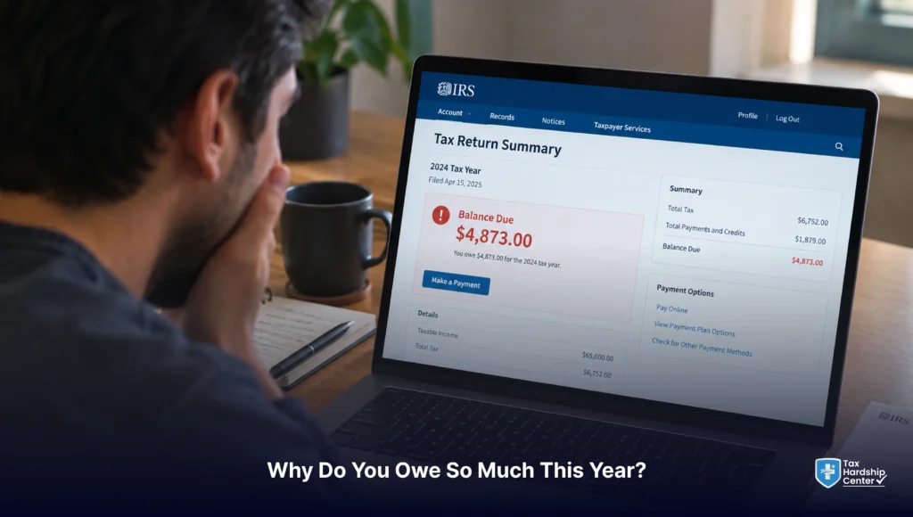 Person reviewing an IRS tax return with an unexpectedly large balance due