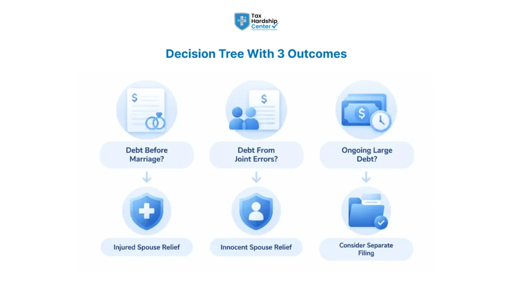 Decision tree showing injured spouse relief, innocent spouse relief, and separate filing options for spouse tax debt