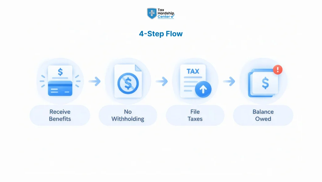 Four-step flow showing how unemployment benefits can lead to an unexpected tax balance