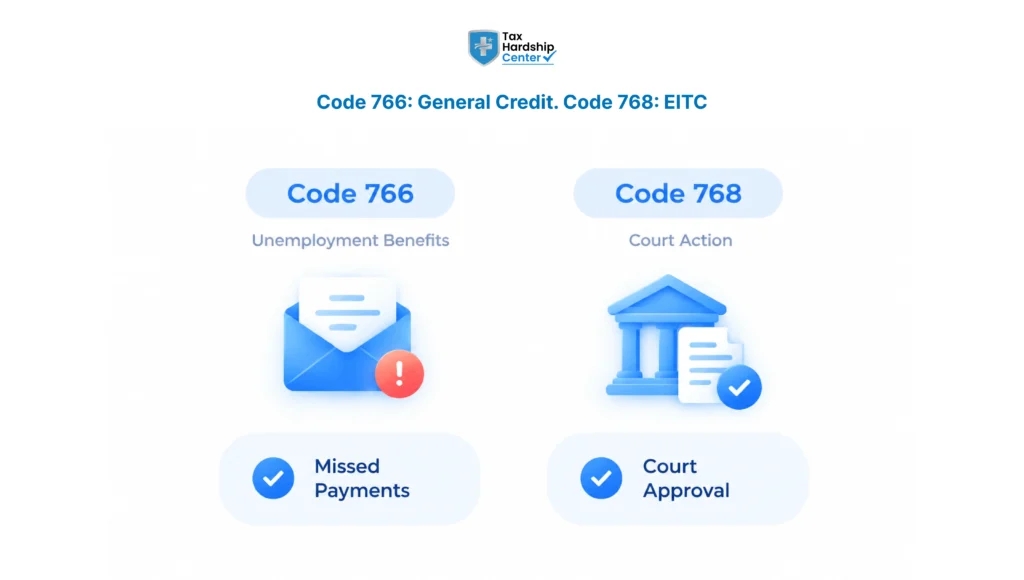 IRS transcript showing codes 766 and 768 as credits to the account