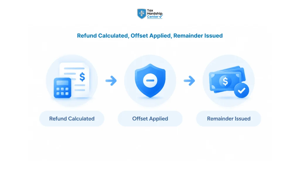 Infographic showing refunds repeatedly offset against an unresolved tax balance across multiple years