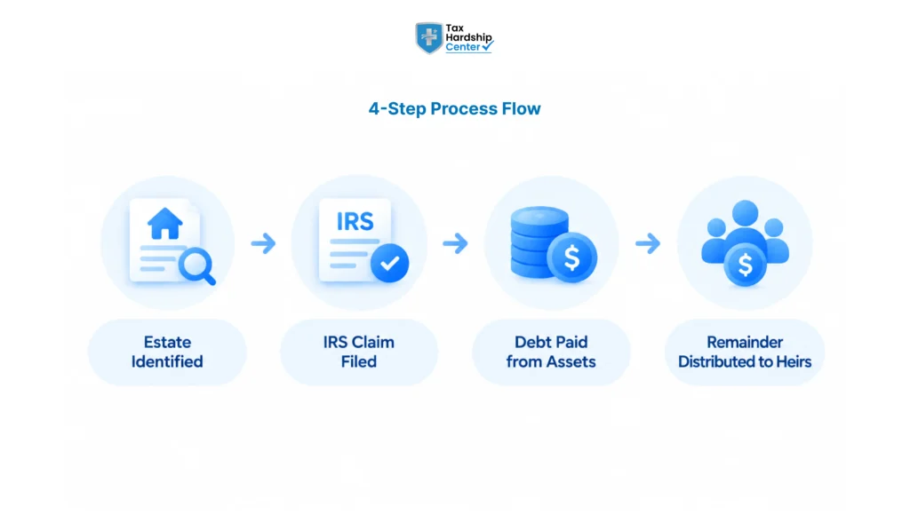 Four-step process showing how IRS tax debt is paid from an estate before assets go to heirs