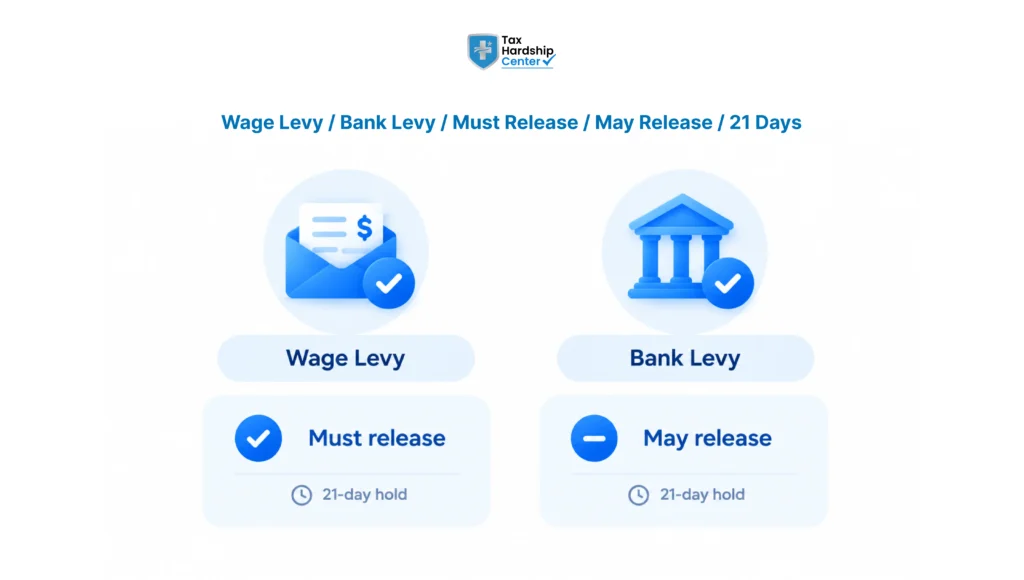 Comparison of IRS wage levy and bank levy rules, including the 21-day bank hold