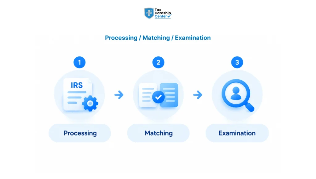 Diagram illustrating the three stages of IRS tax return processing, income matching and examination that may lead to an audit after a refund.