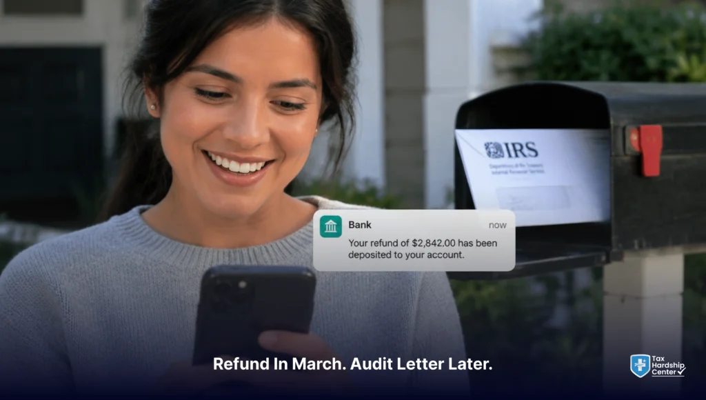 Taxpayer receives a notification that a tax refund has been deposited, illustrating how an IRS audit letter may arrive after a refund.