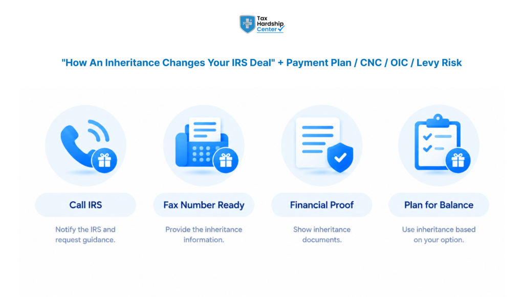 Infographic showing how an inheritance can affect IRS payment plans, Currently Not Collectible status, Offer in Compromise applications, and tax levy risk.