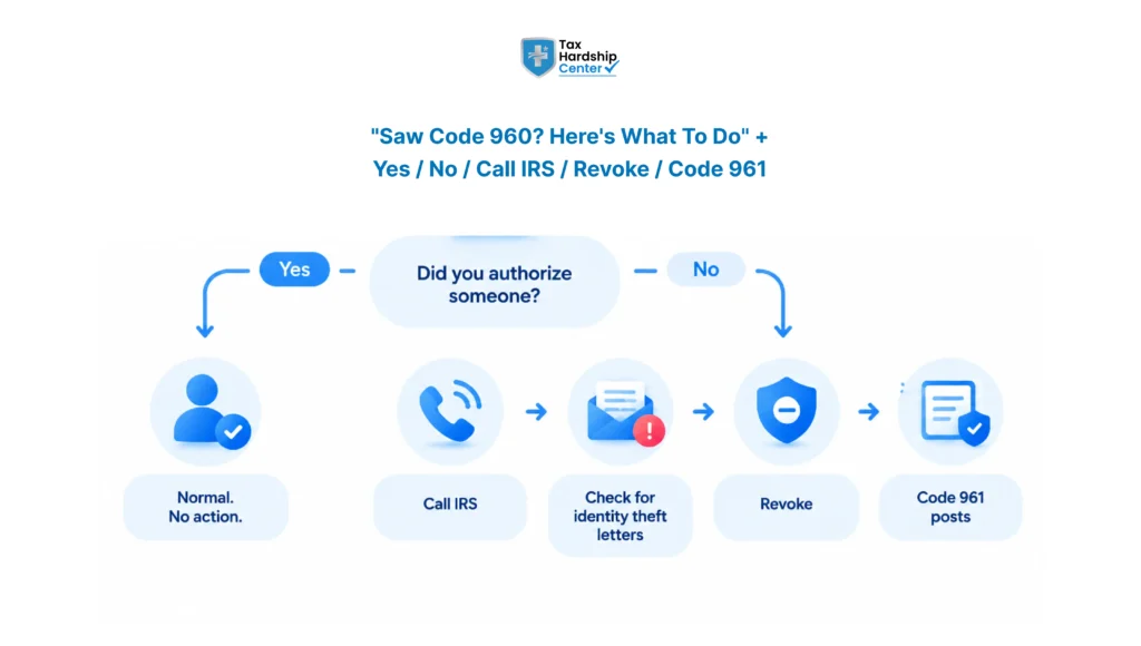 Flowchart outlining what to do when IRS Code 960 appears unexpectedly, including contacting the IRS, checking for identity theft, revoking authorization, and understanding Code 961.
