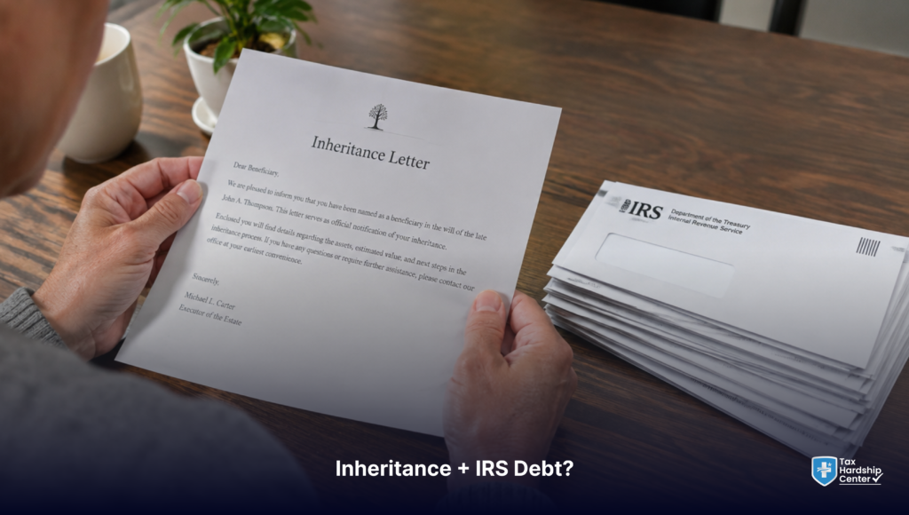 Tax Hardship Center banner asking whether the IRS can take an inheritance to collect unpaid back taxes, with a financial document in the background.