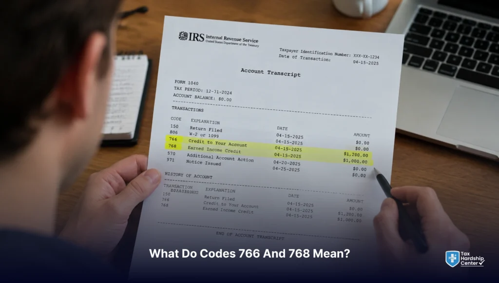 Person reviewing an IRS transcript with codes 766 and 768 highlighted