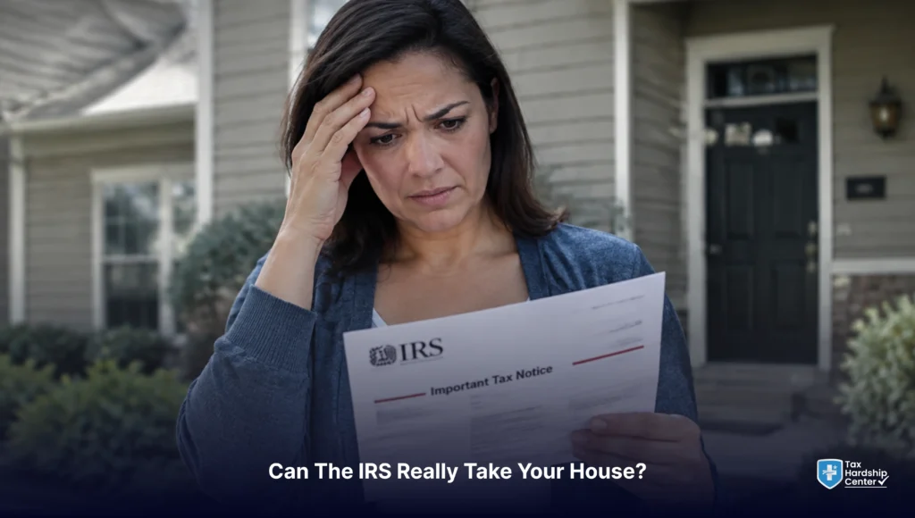 Homeowner reviewing an IRS tax notice about back taxes