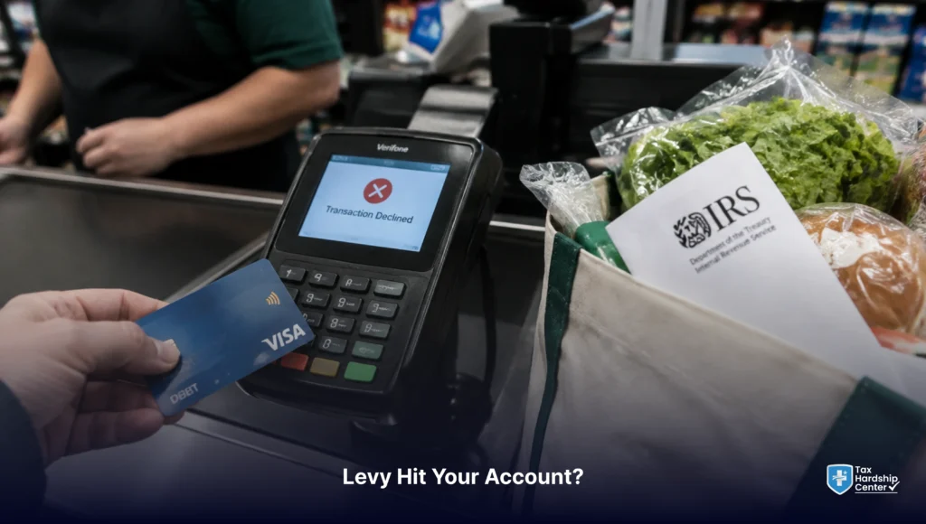 Declined debit card at a grocery store after an IRS levy affects a bank account
