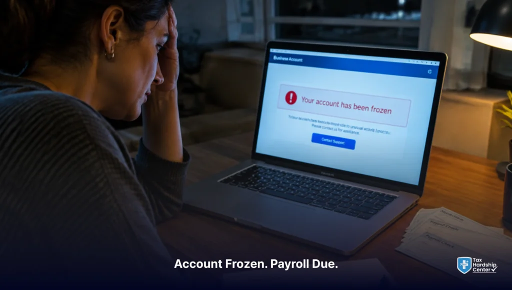 Business owner looking at a frozen bank account on a laptop with payroll paperwork on the desk.