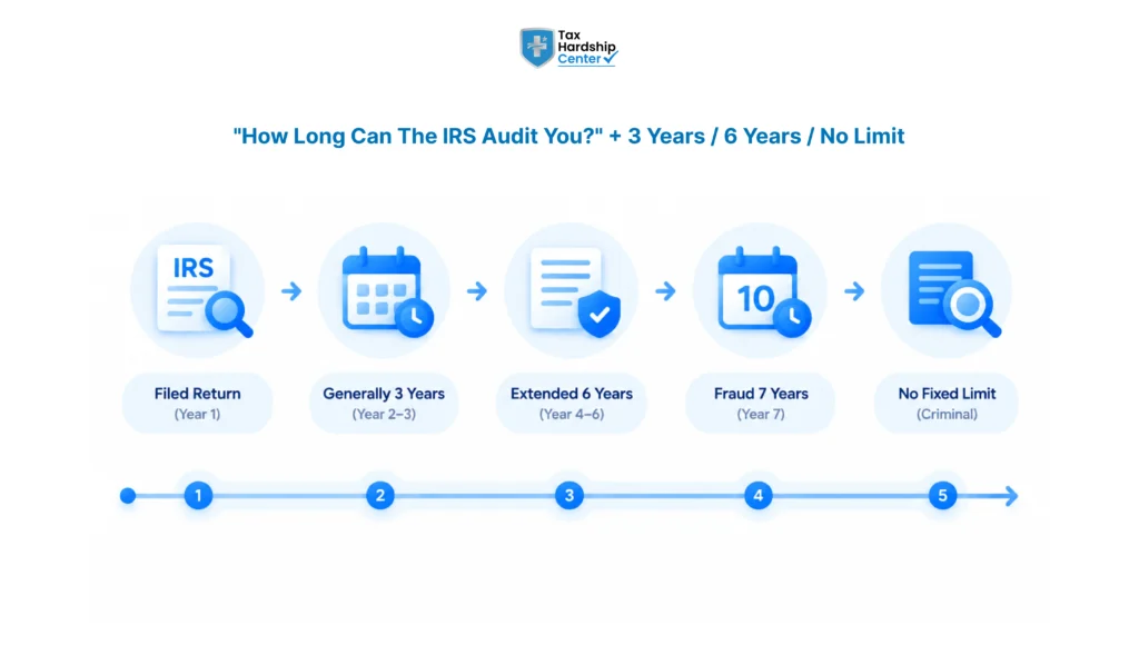 Infographic illustrating general IRS audit time limits, including three years for standard returns, six years for substantial income underreporting and no time limit in certain fraud cases.