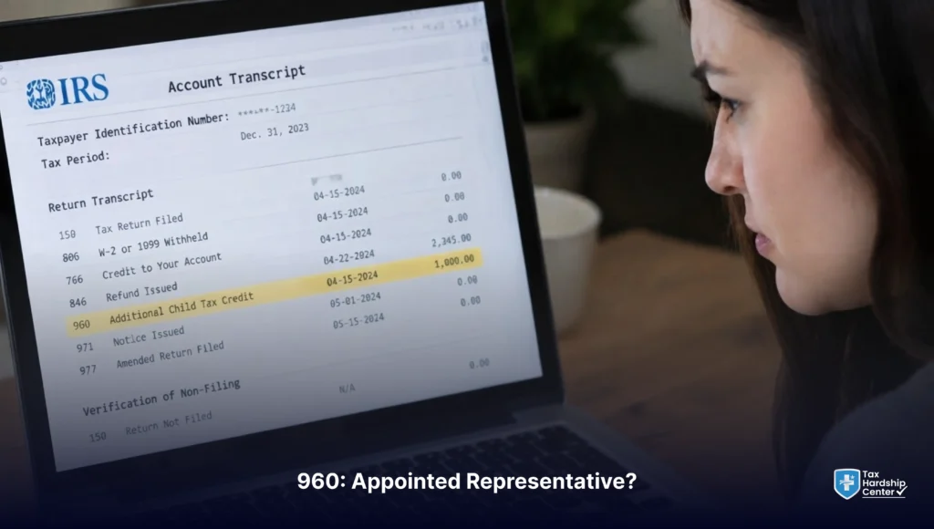 A taxpayer reviewing an IRS account transcript with the Code 960 appointed representative entry highlighted on a laptop screen.