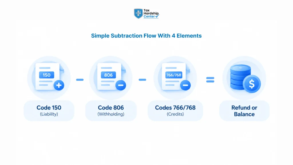 Infographic showing how IRS codes 150, 806, 766 and 768 combine to determine a refund or balance