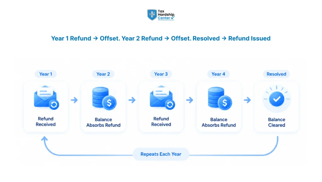 Graphic showing a refund calculated, an offset applied, and the remaining refund issued