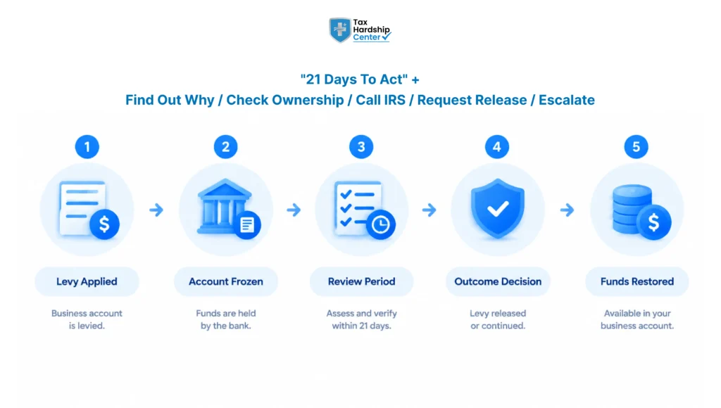 Five-step infographic showing the business bank levy process, from levy applied and account frozen to review, outcome decision and possible restoration of funds.
